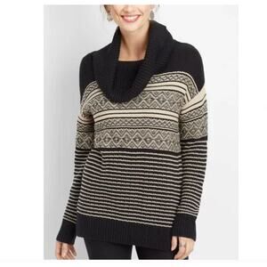Maurices Patterned Cowl Neck Tunic Sweater Black Cream Geometric size XXL